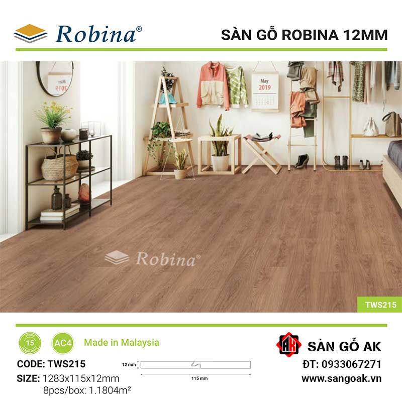 Sàn Gỗ Công Nghiệp Malaysia Robina 12mm TWS215 Bản Nhỏ